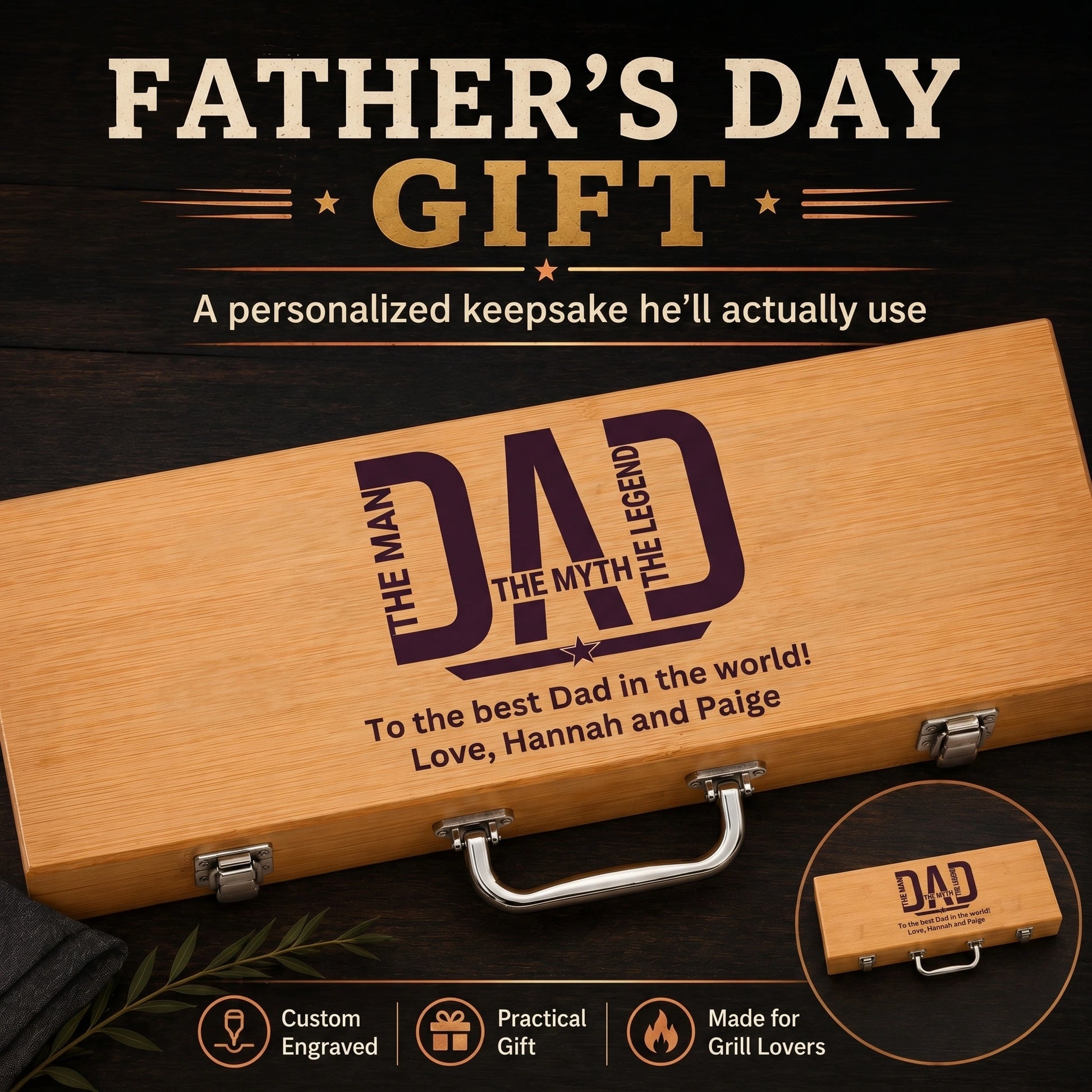 Wooden briefcase-style gift bbq grill set box with 'DAD' engraving on a dark background