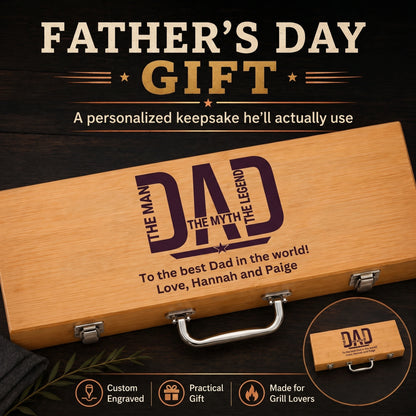 Wooden briefcase-style gift bbq grill set box with 'DAD' engraving on a dark background