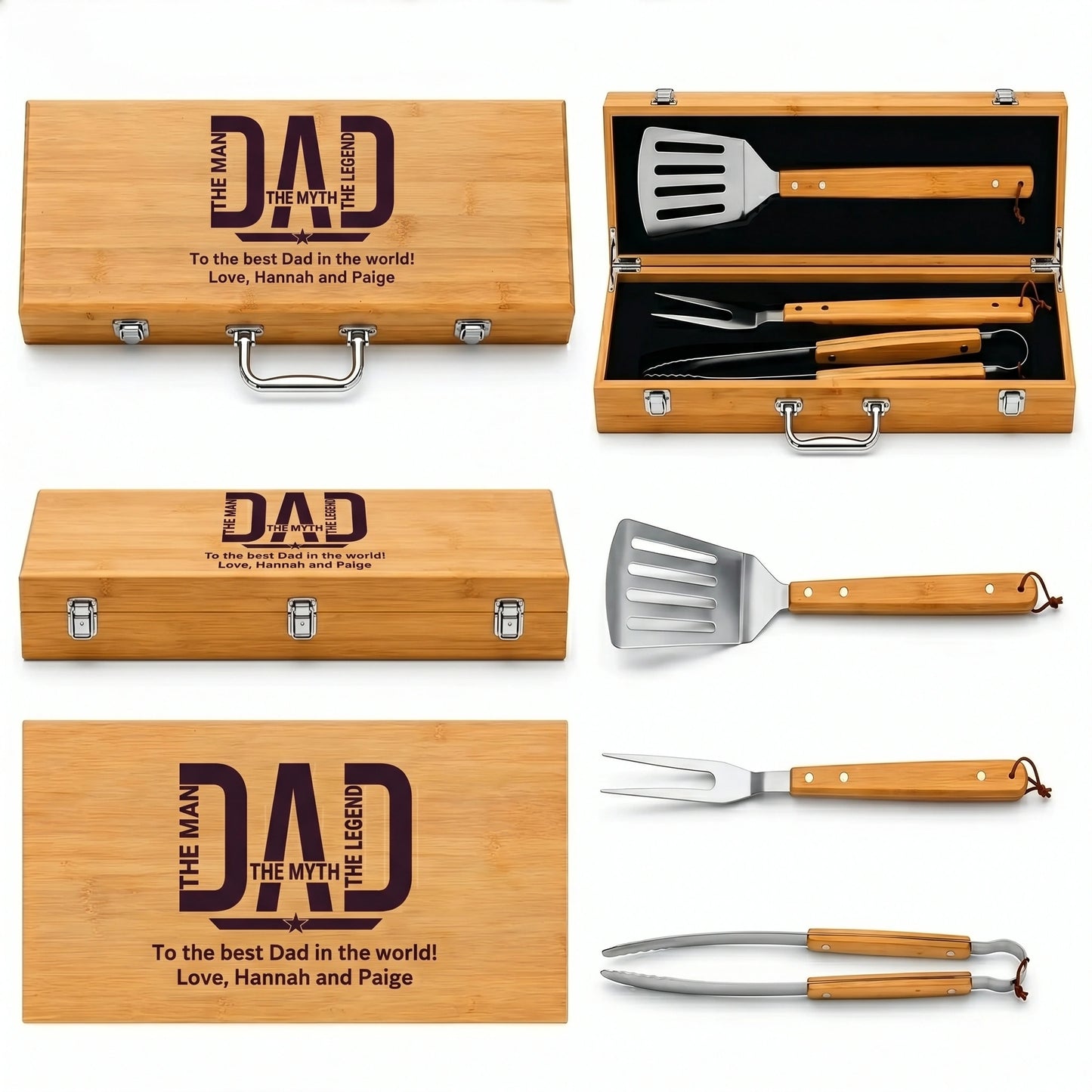Bamboo grill tool set with engraved message in a wooden case.