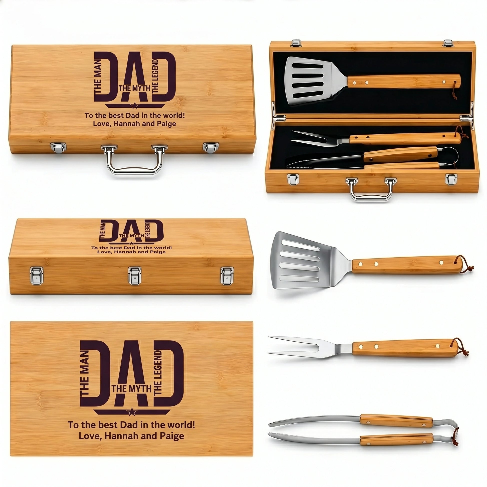 Bamboo grill tool set with engraved message in a wooden case.