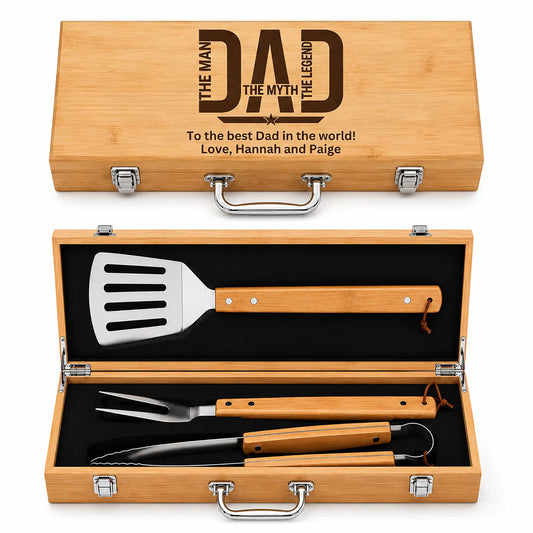 Barbecue tool set with wooden case engraved for Dad on a white background