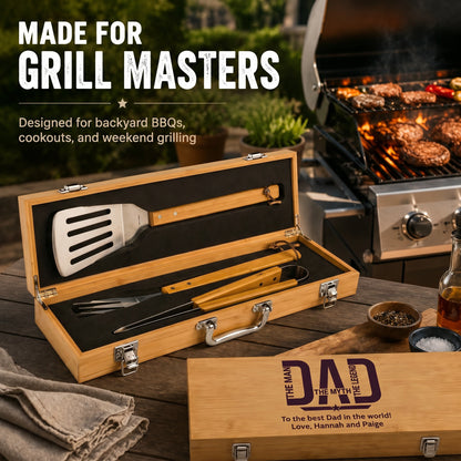 Grill tool set in a wooden case with 'Made for Grill Masters' text and outdoor BBQ setting.