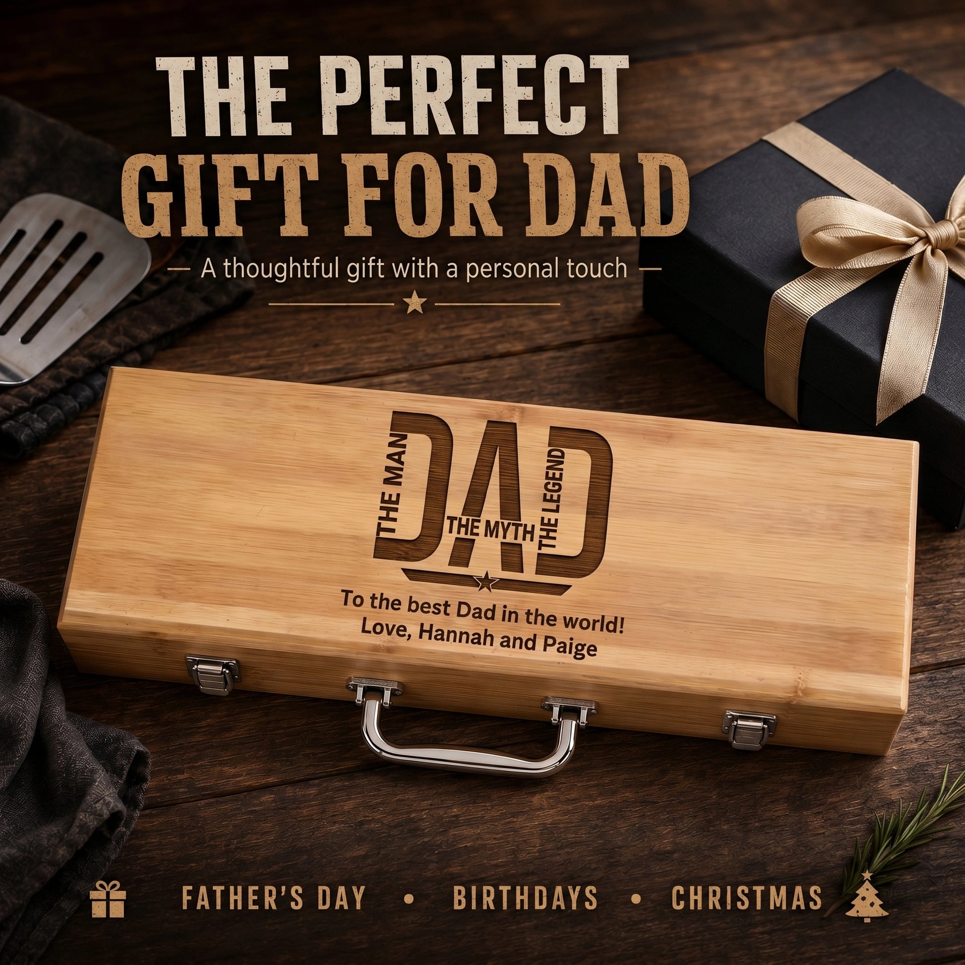Wooden bbq grill set with 'DAD' engraving on a wooden surface with a gift and text overlay.