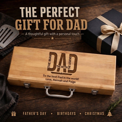 Wooden bbq grill set with 'DAD' engraving on a wooden surface with a gift and text overlay.