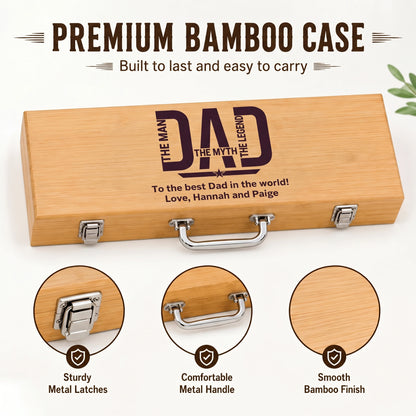 Wooden bbq grill set with engraved text, sturdier metal latches, comfortable metal handle, and smooth bamboo finish on a white background.