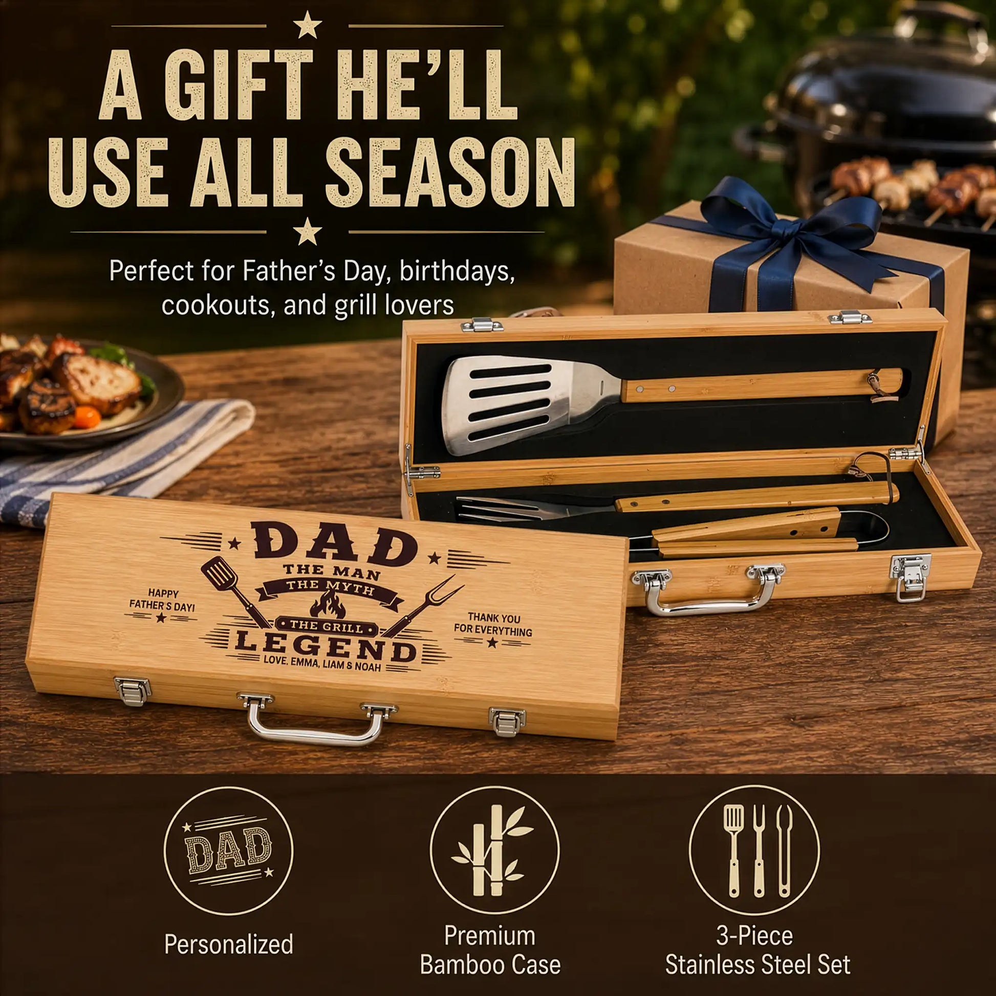 Wooden grill tool set in a case with a gift box on a wooden table, suitable for Father's Day or grilling enthusiasts.