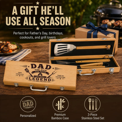 Wooden grill tool set in a case with a gift box on a wooden table, suitable for Father's Day or grilling enthusiasts.