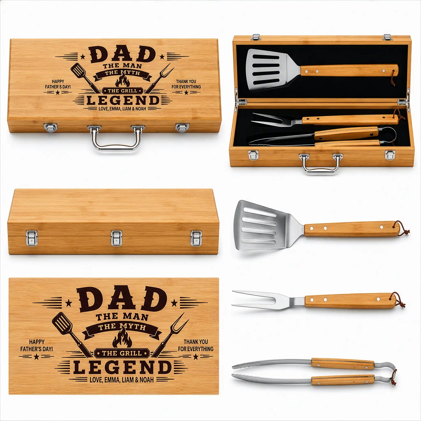Barbecue tool set with wooden case and engraved text on a white background