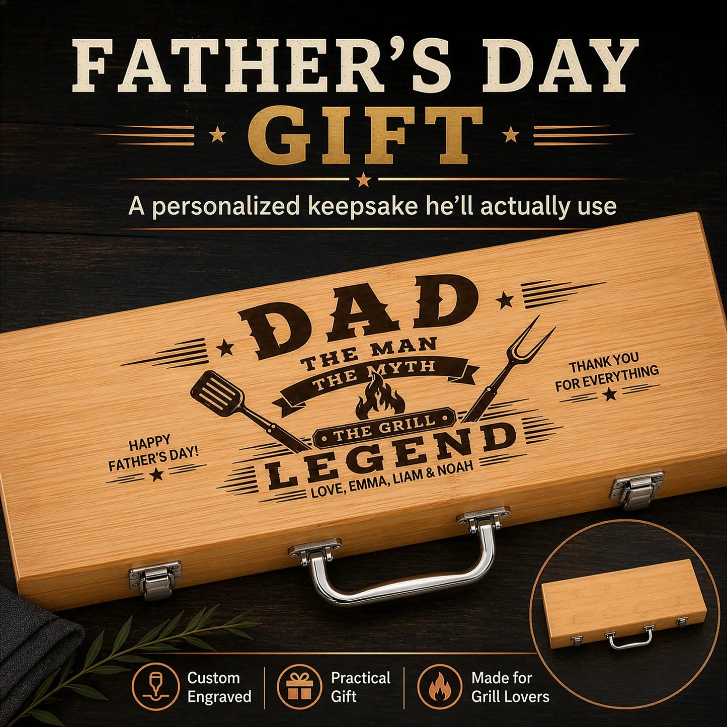 Personalized Dad BBQ set in wooden case laser engraved with The Man The Myth The Grill Legend design and family names