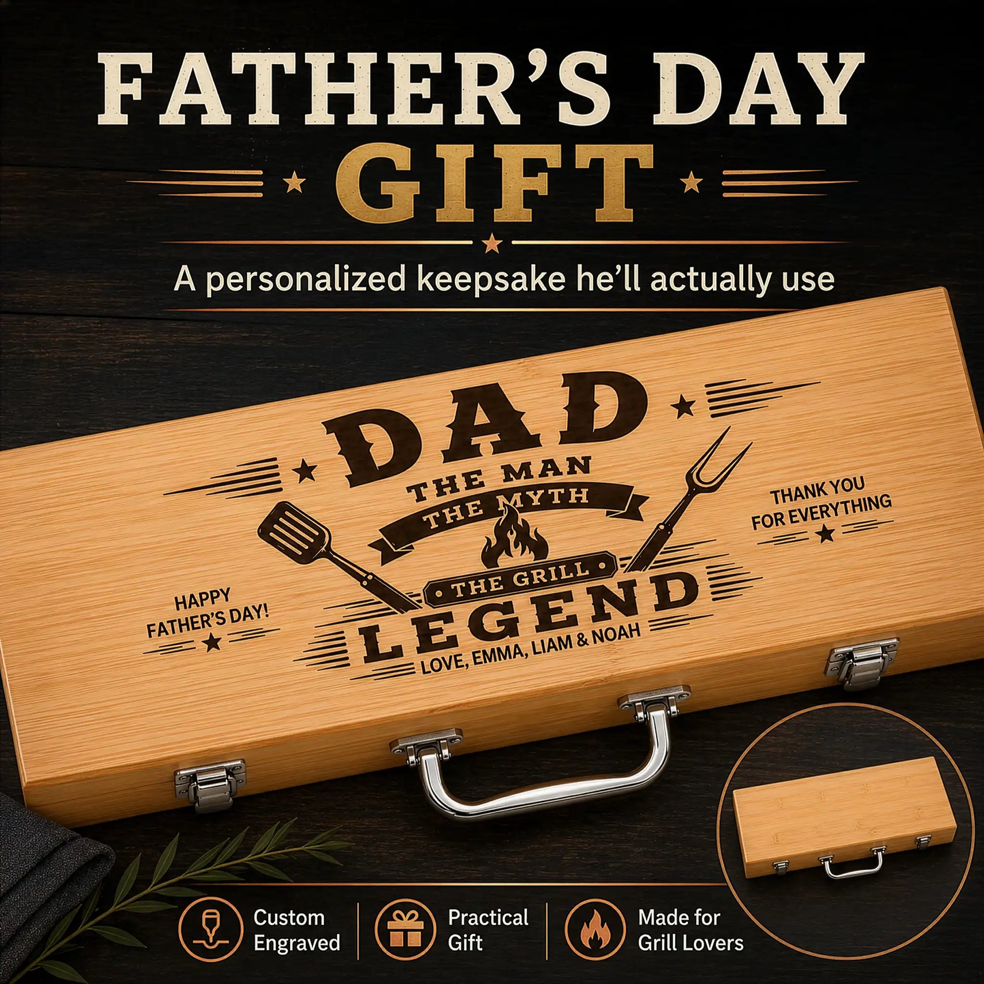Personalized Dad BBQ set in wooden case laser engraved with The Man The Myth The Grill Legend design and family names