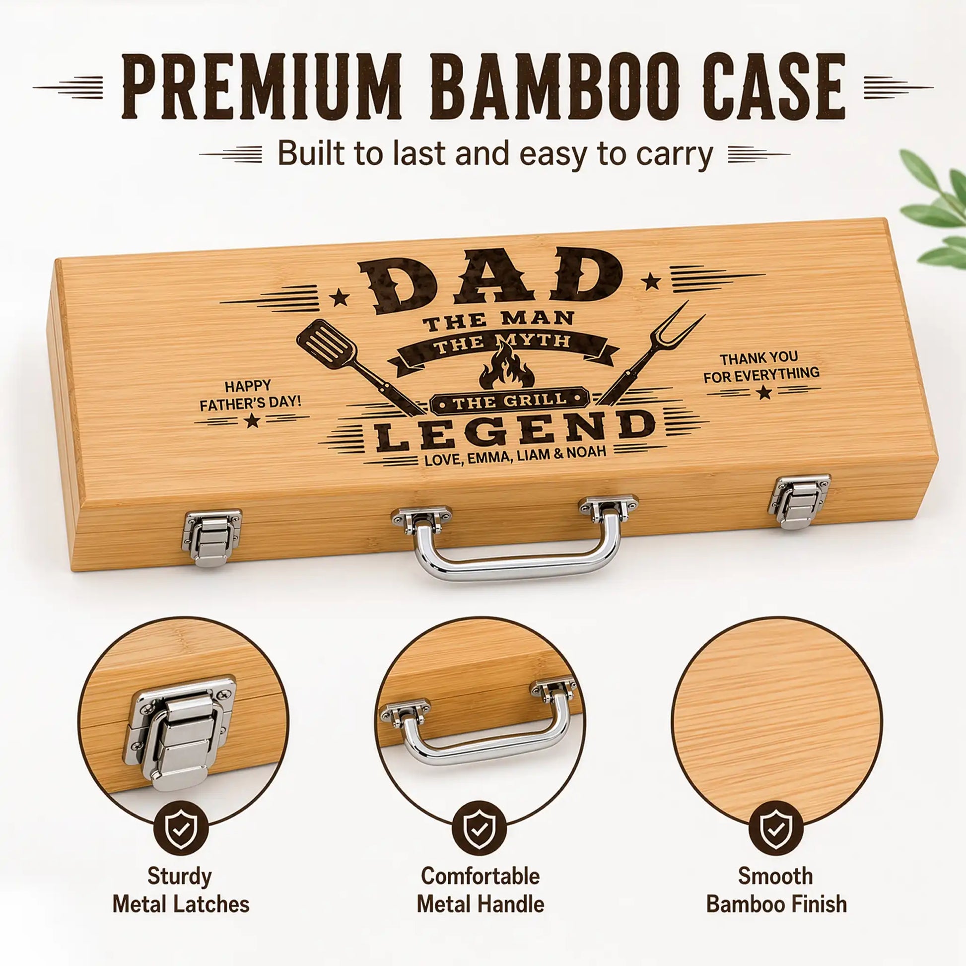 Wooden box with engraved text and metal latches on a white background