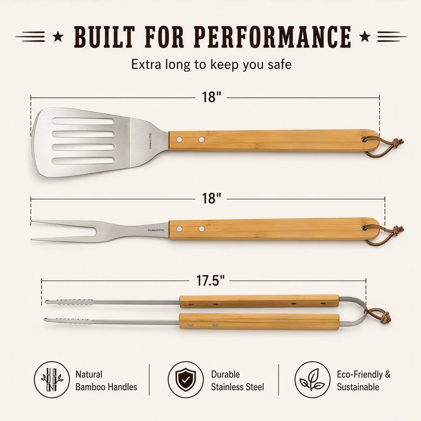 Three BBQ utensils with wooden handles and metal ends, labeled with dimensions and features on a white background.