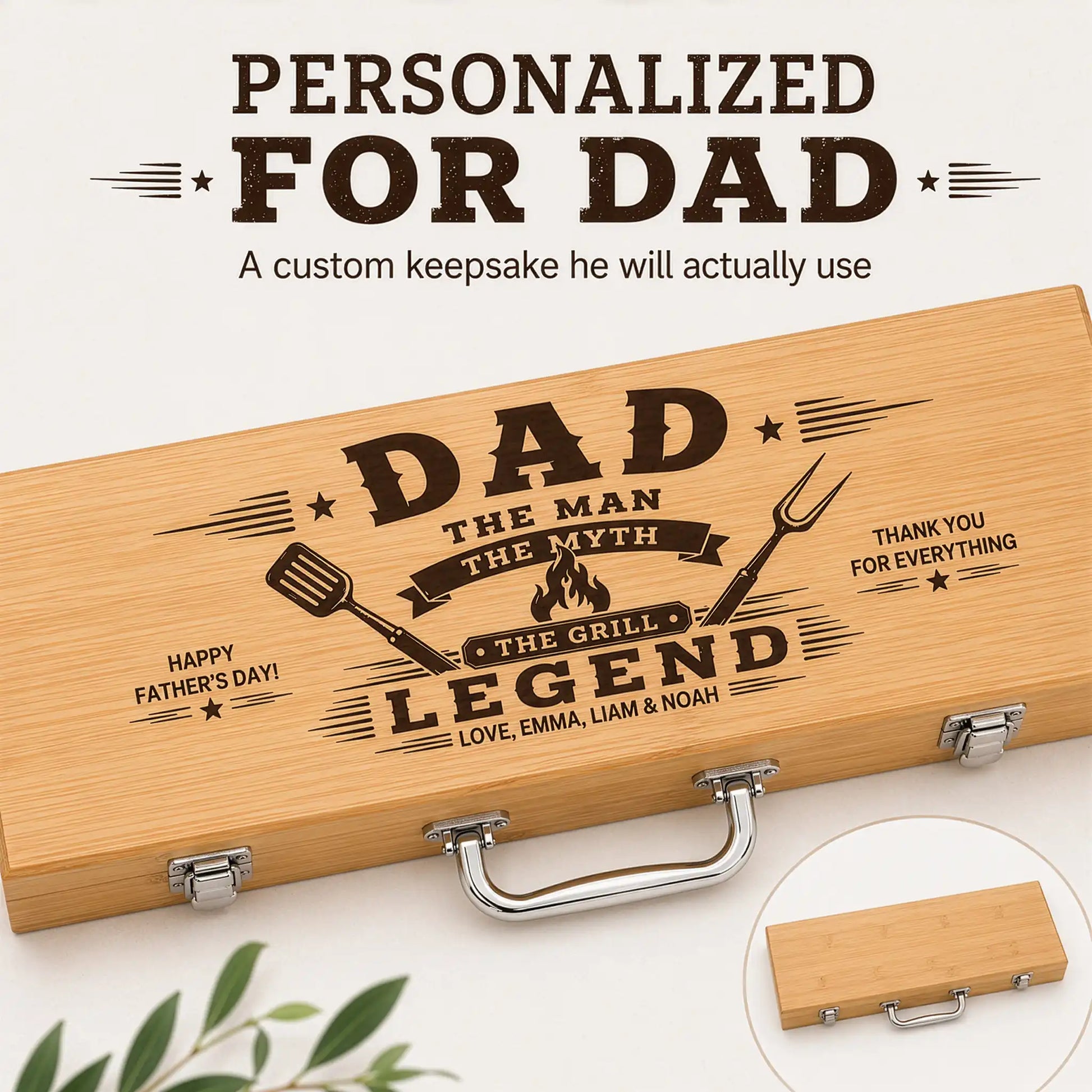 Personalized wooden box for Dad with engraved text on a light background