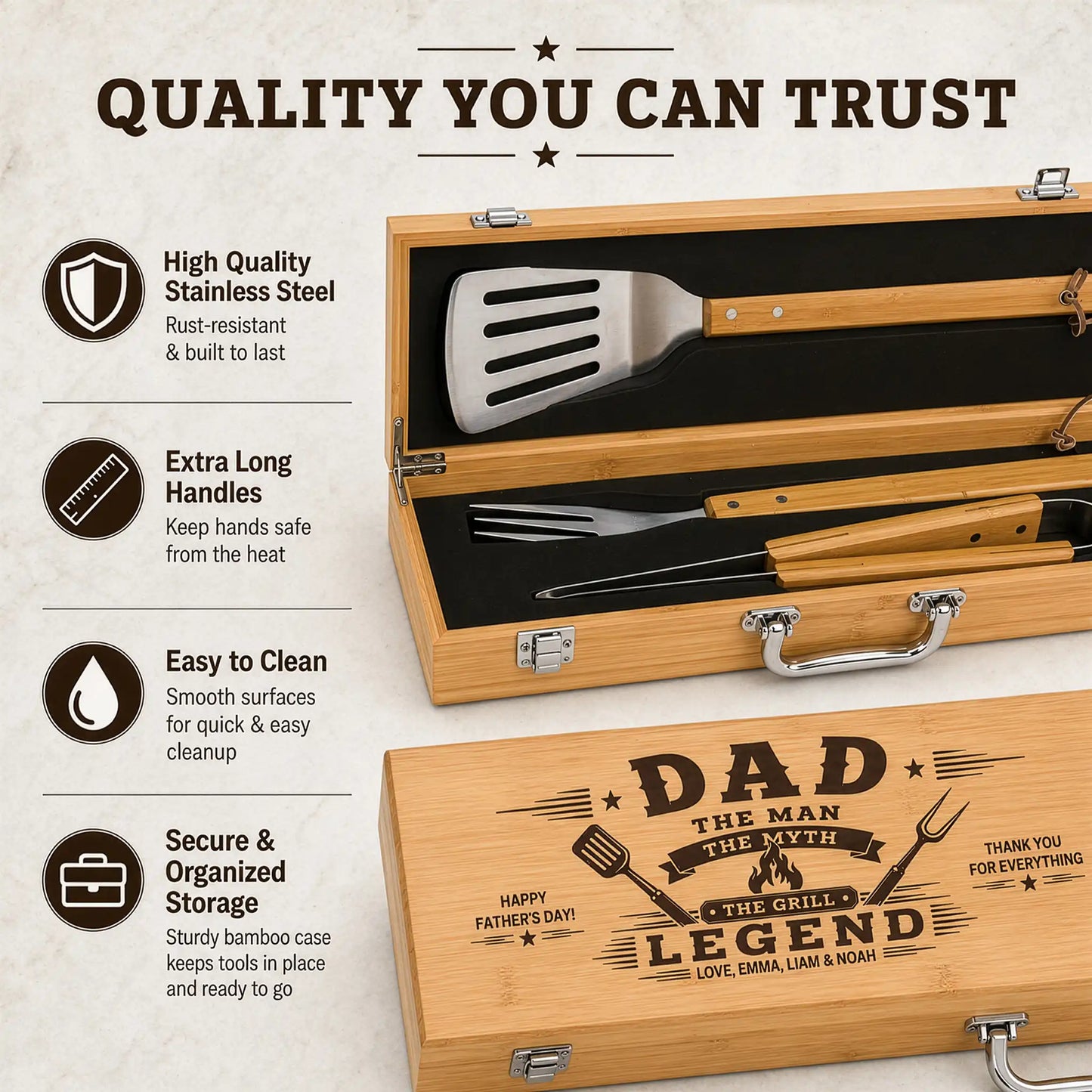Grill tool set in a wooden case with engraved message, featuring high-quality stainless steel tools.