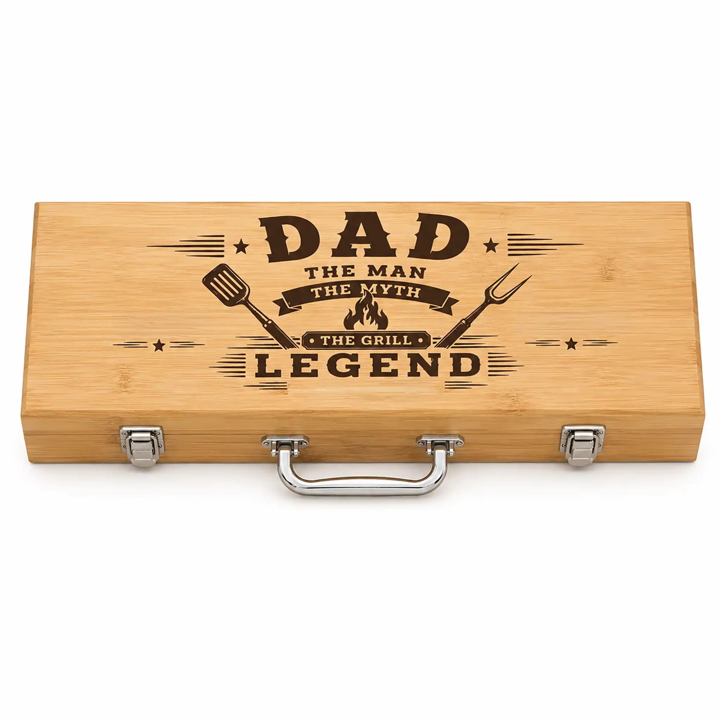 Personalized Dad BBQ set wooden case closed showing chrome carry handle and metal latches