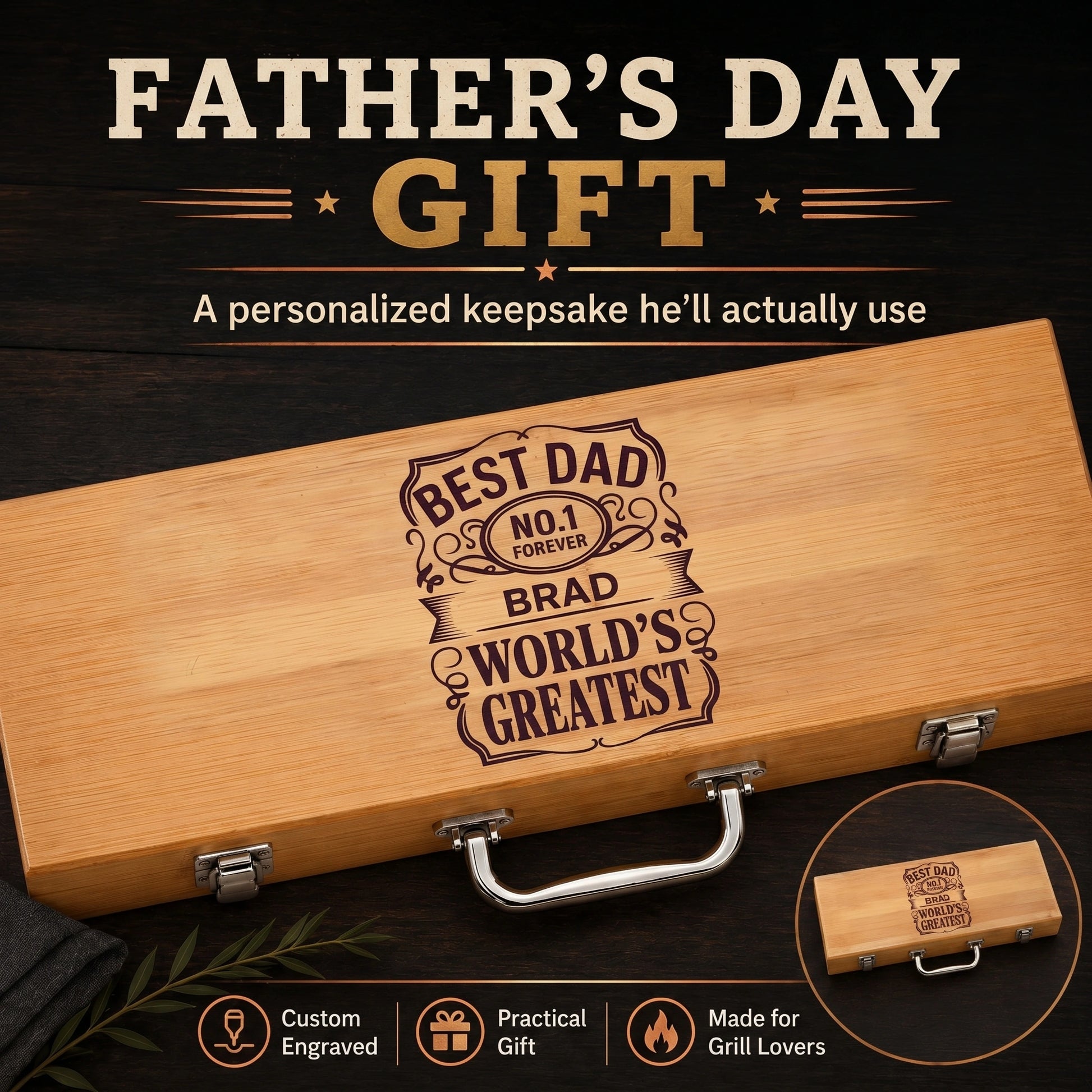 Wooden bbq grill set box with engraved message for Father's Day on a dark background