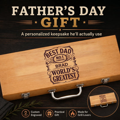 Wooden bbq grill set box with engraved message for Father's Day on a dark background