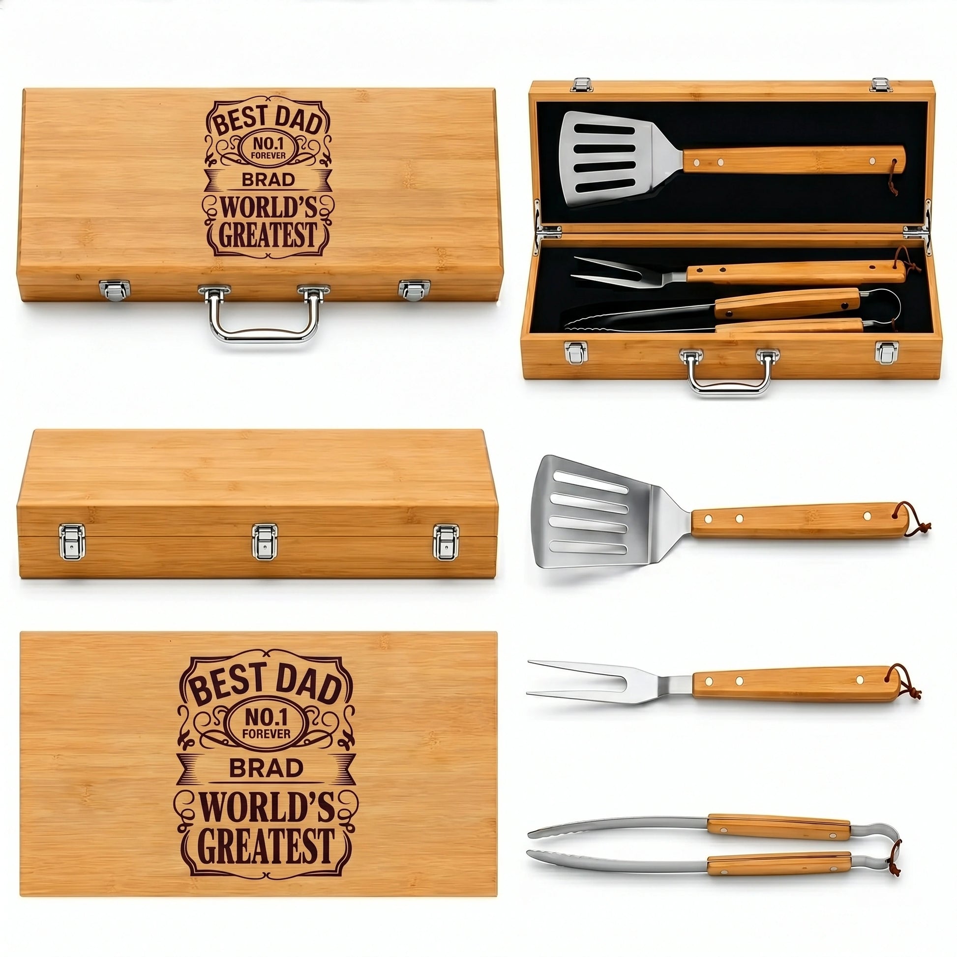 Barbecue tool set with engraved wooden case on a white background
