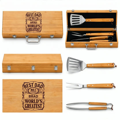 Barbecue tool set with engraved wooden case on a white background