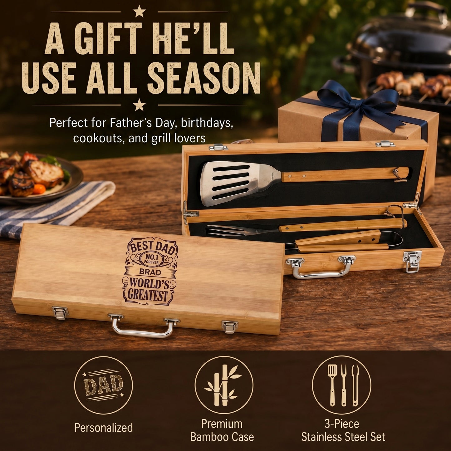 Wooden grill tool set in a case with personalized engraving on a wooden surface.