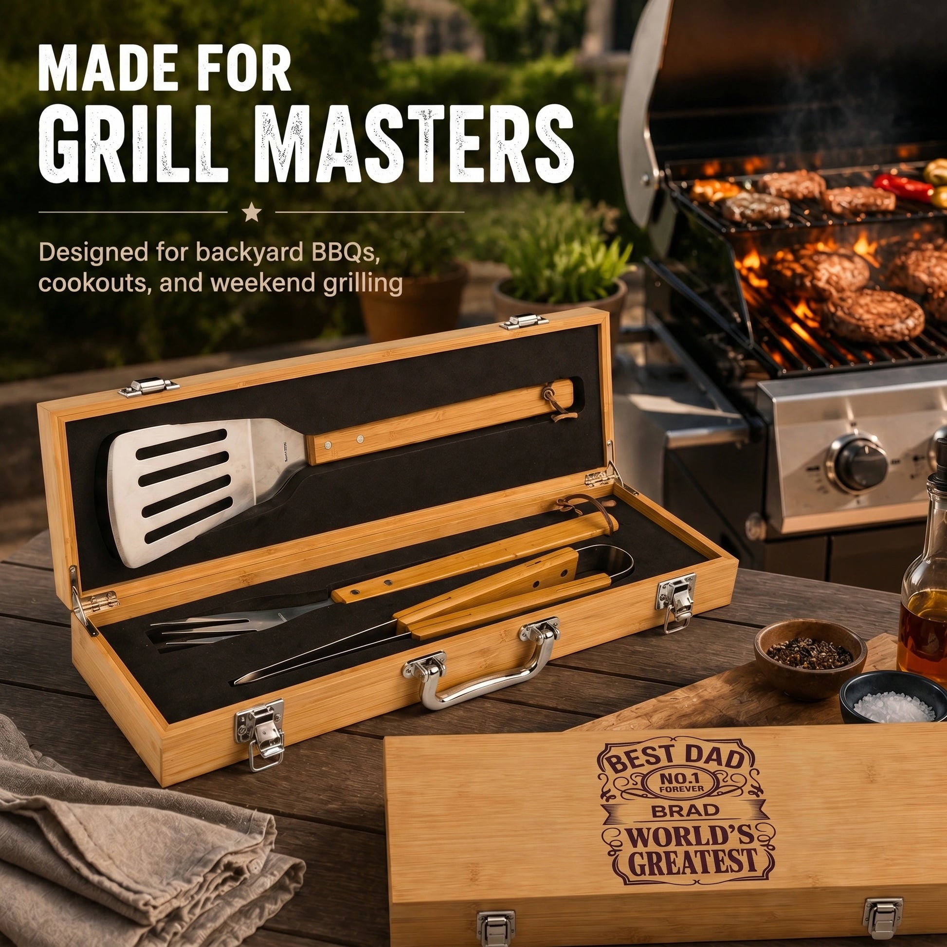 Grill tool set in a wooden case with a personalized message on a grill background.