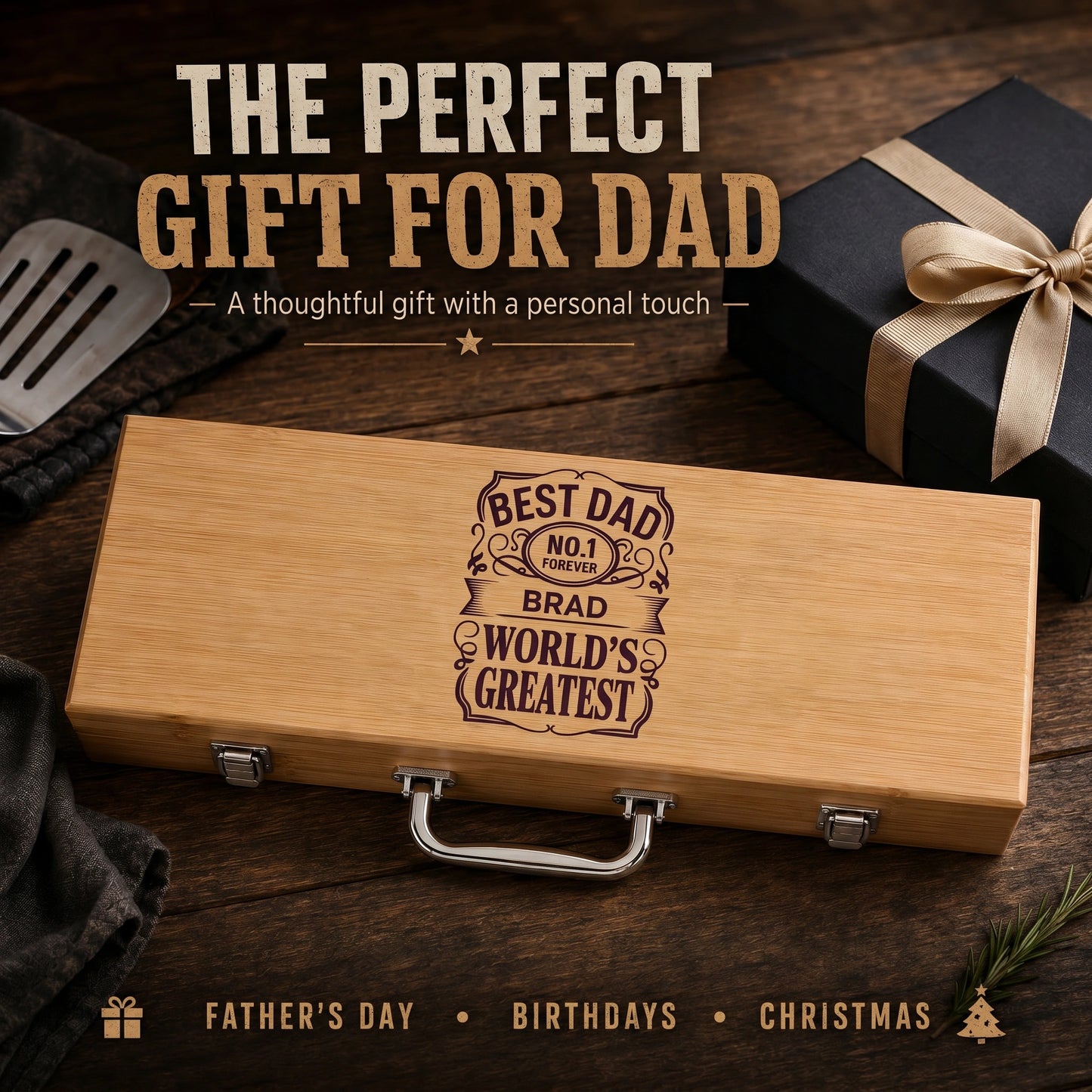 Wooden bbq grill set with engraved message on a wooden surface, with text 'The Perfect Gift for Dad'.