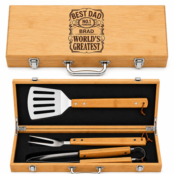 Wooden BBQ tool set with engraved message in a box