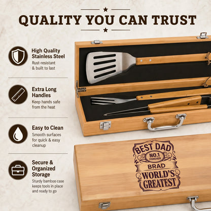 Barbecue tool set in a wooden case with engraved message, featuring quality features on a beige background.