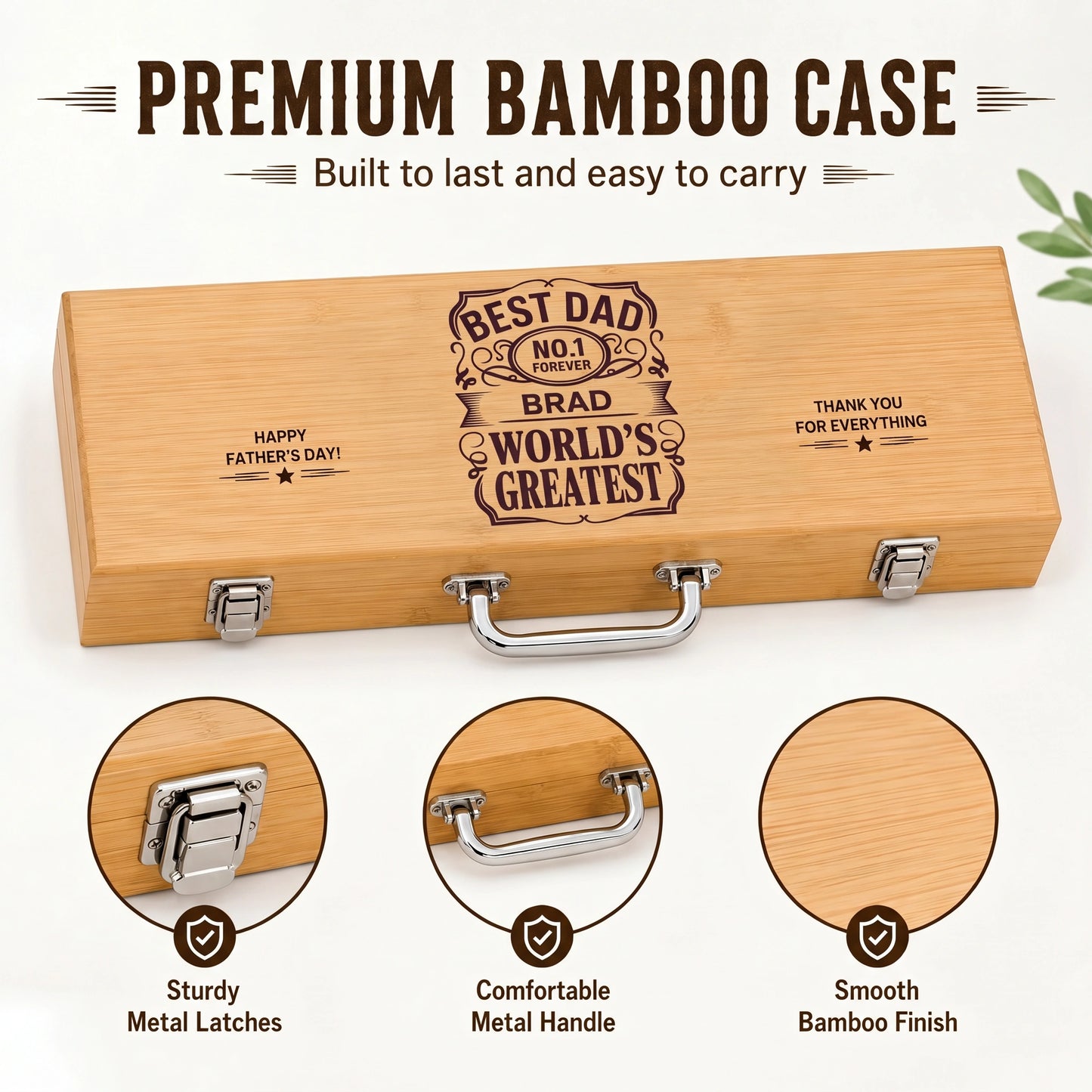 Wooden bbq grill set with engraved text, sturdier metal latches, comfortable metal handle, and smooth bamboo finish on a white background.