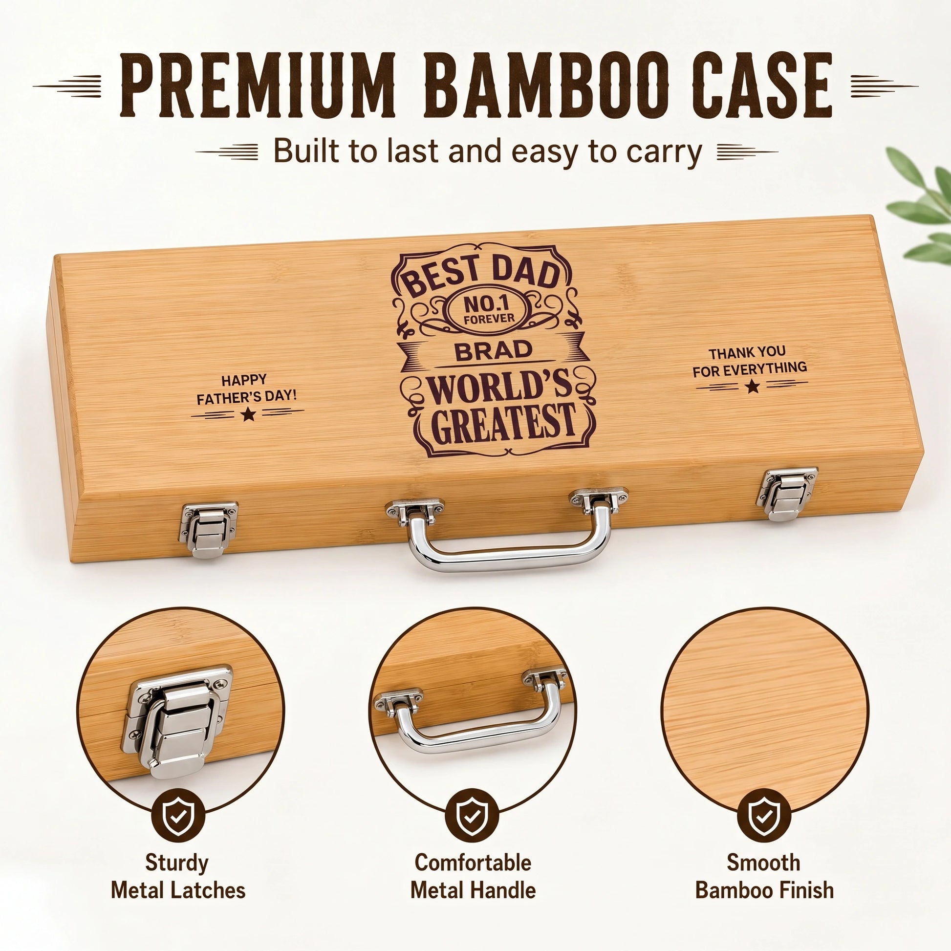Wooden bbq grill set with engraved text, sturdier metal latches, comfortable metal handle, and smooth bamboo finish on a white background.