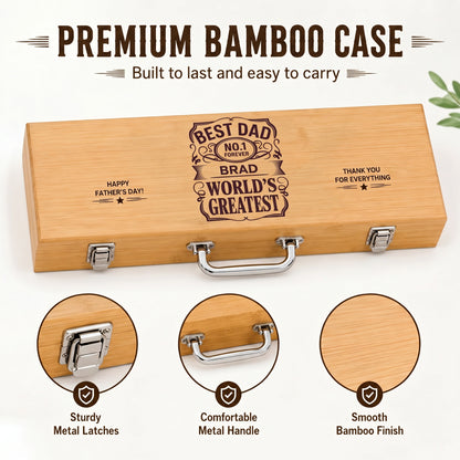 Wooden bbq grill set with engraved text, sturdier metal latches, comfortable metal handle, and smooth bamboo finish on a white background.
