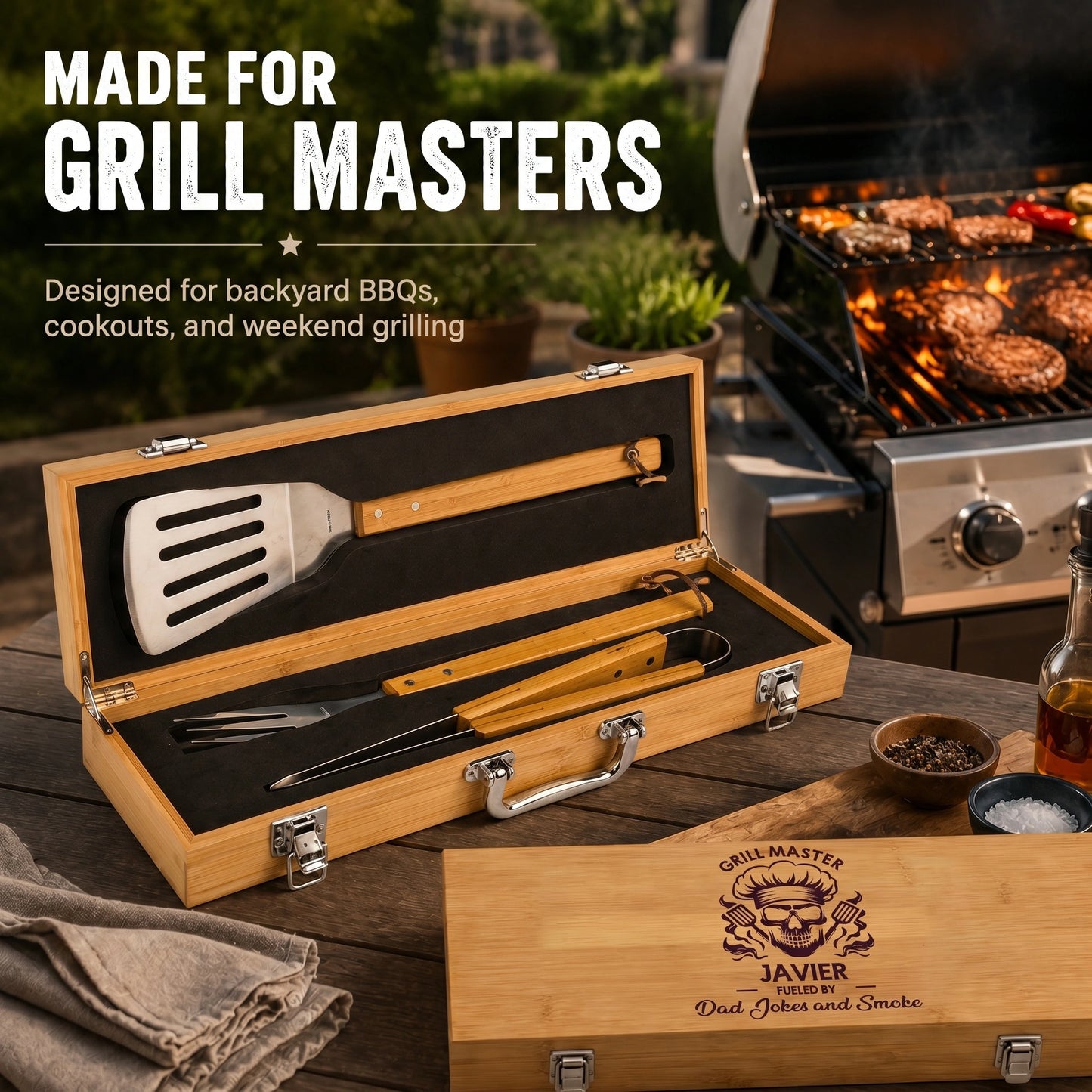 Grill tool set in a wooden case with a grill in the background