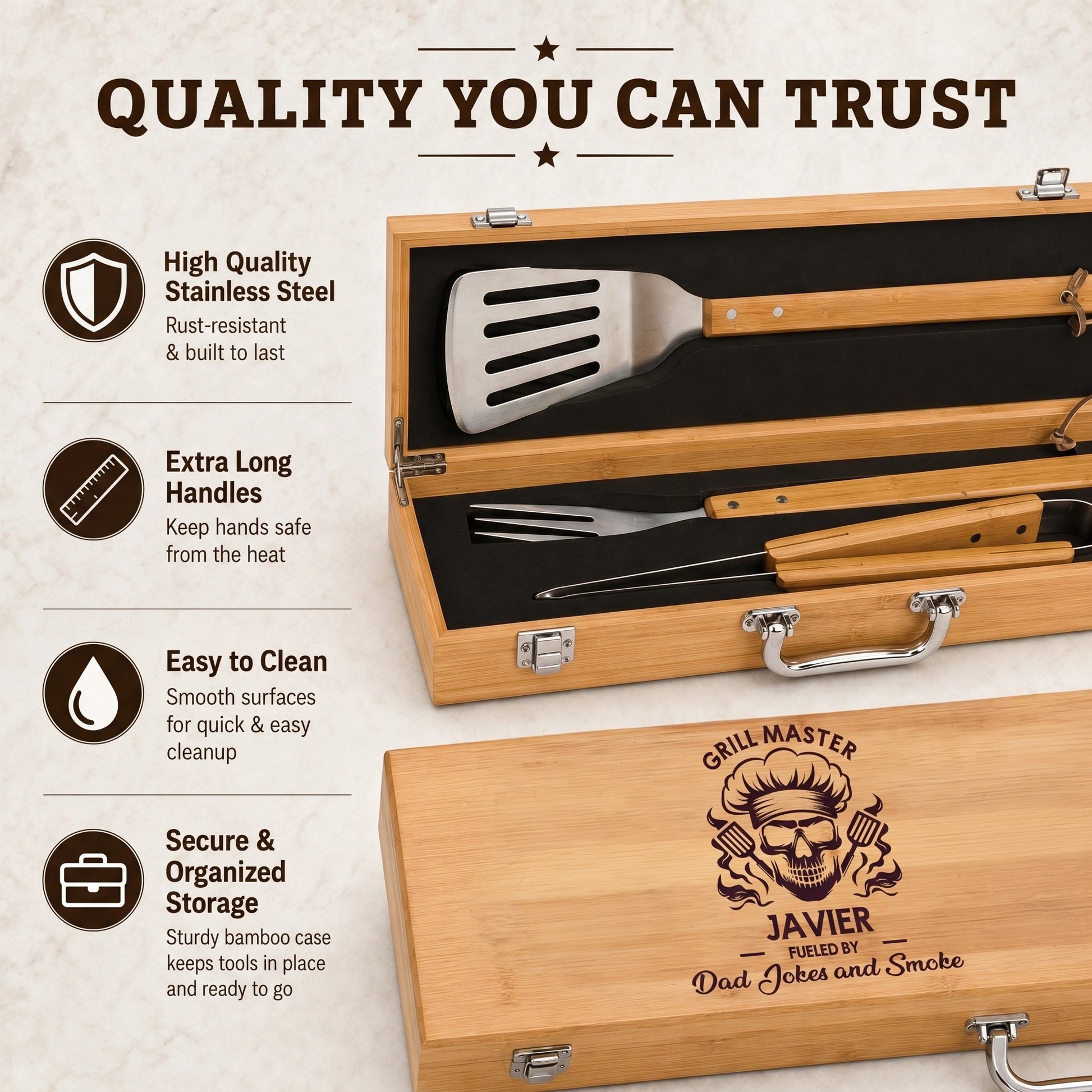 Grill tool set with wooden case and engraved 'Grill Master' design, featuring text about product features.