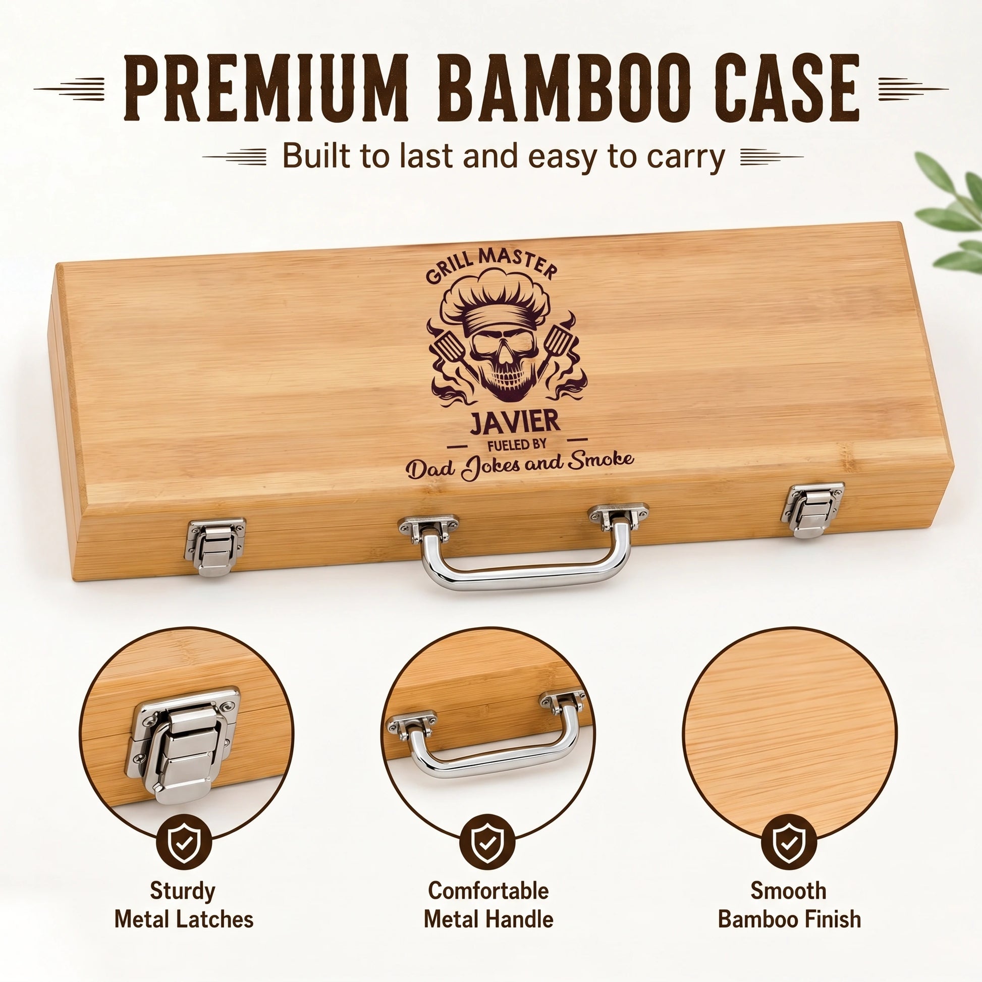 Wooden grill master case with engraved design and metal latches on a white background