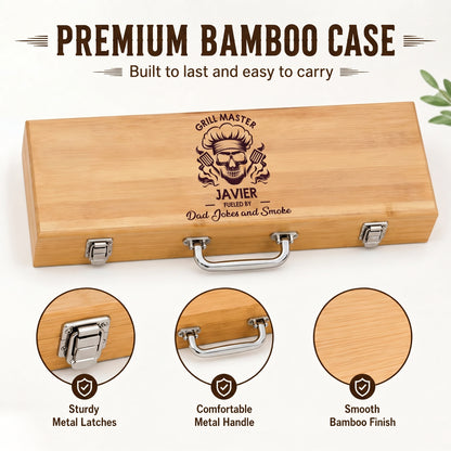 Wooden grill master case with engraved design and metal latches on a white background