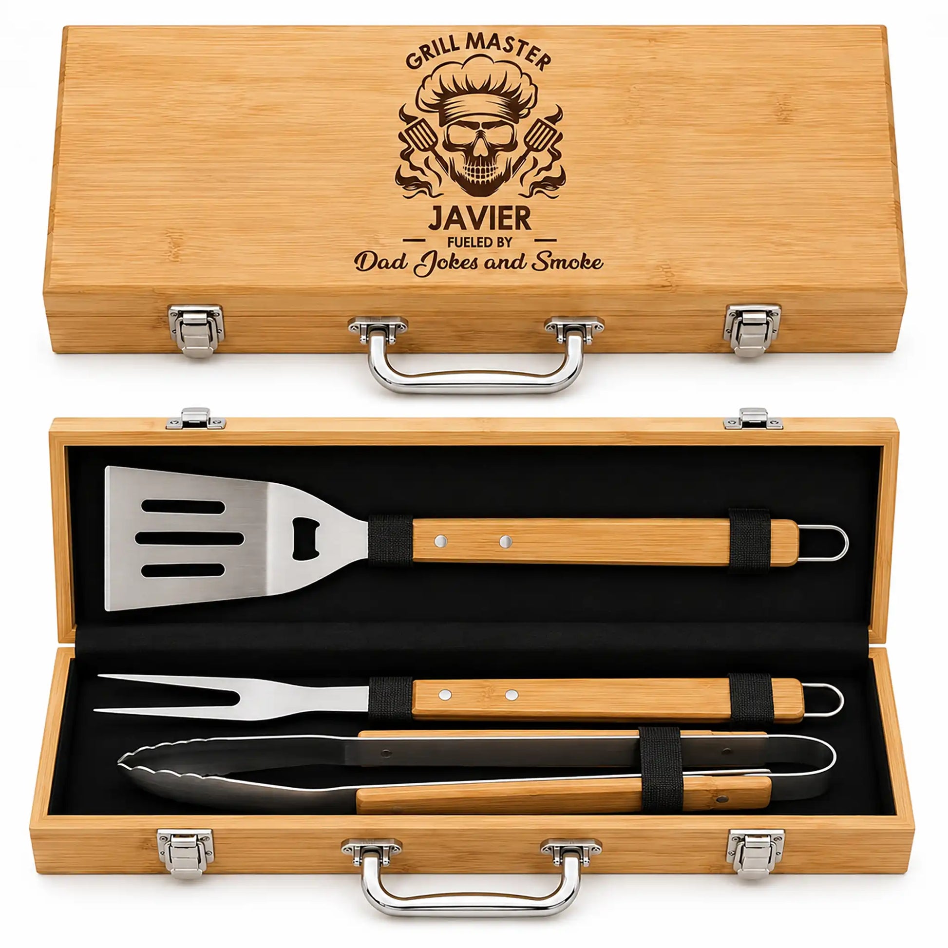 Grill master tool set with wooden case and engraved name 'Javier'.