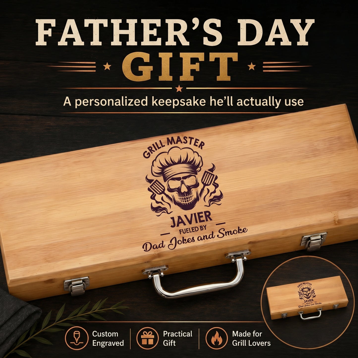 Wooden grill master gift set with personalized engraving on a dark background