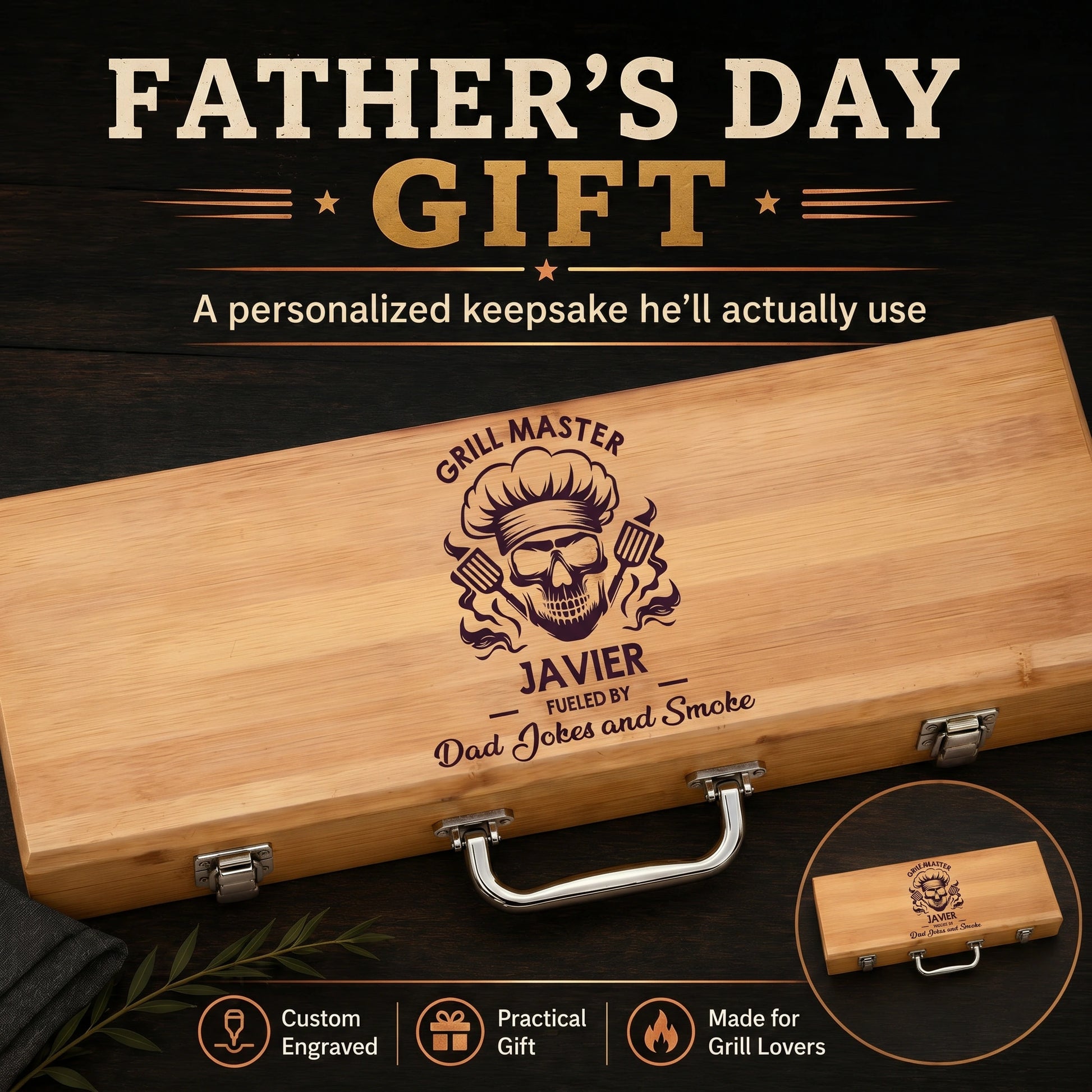 Wooden grill master gift set with personalized engraving on a dark background
