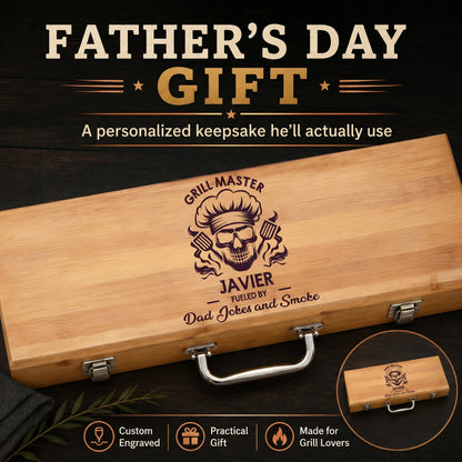 Wooden grill master gift set with personalized engraving on a dark background