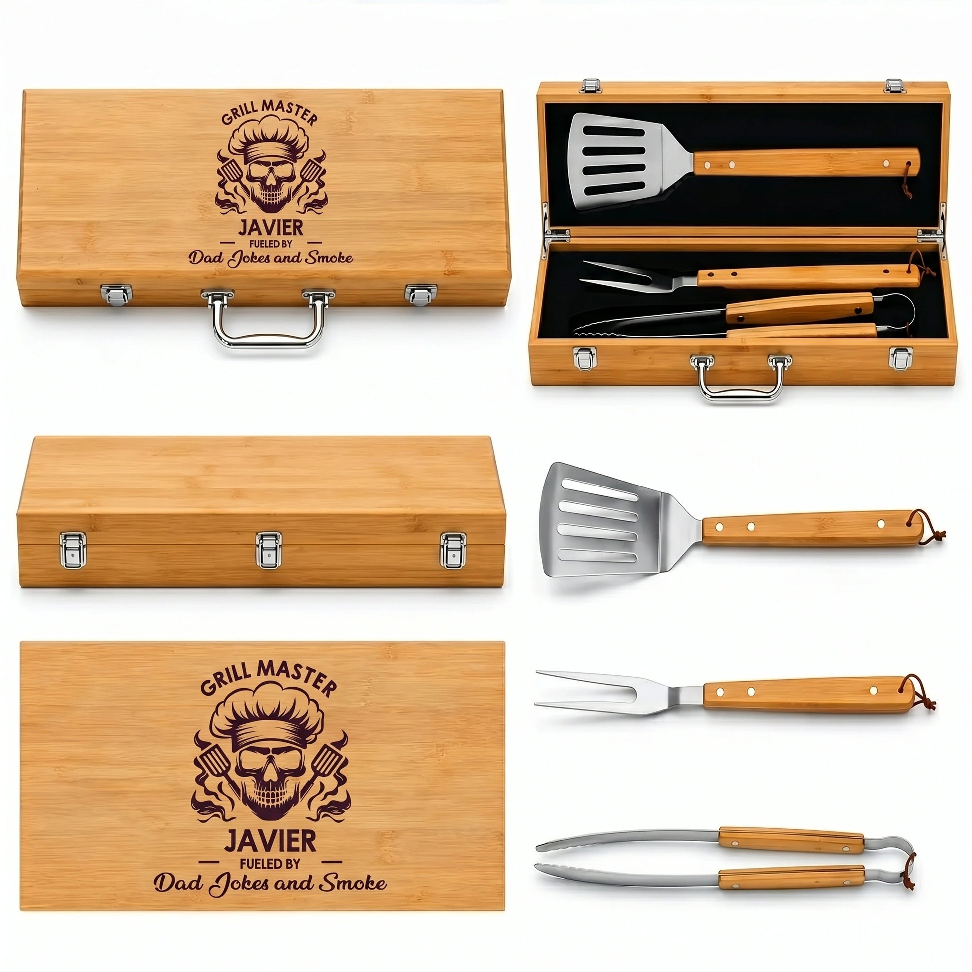 Bamboo grill tool set with 'Grill Master Javier' branding on a white background