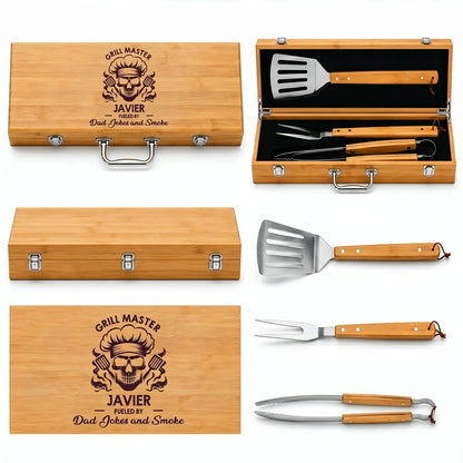 Bamboo grill tool set with 'Grill Master Javier' branding on a white background