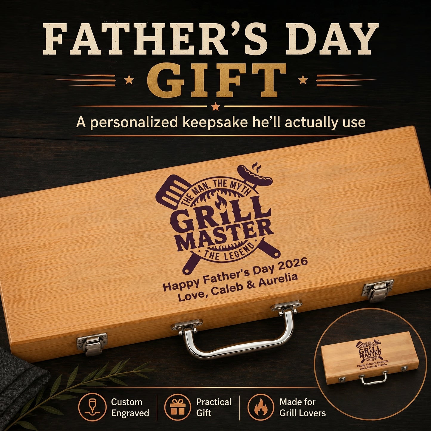 Wooden box with 'Grill Master' engraving for Father's Day gift on a dark background