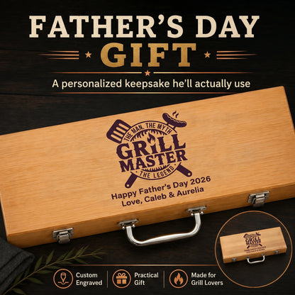 Wooden box with 'Grill Master' engraving for Father's Day gift on a dark background
