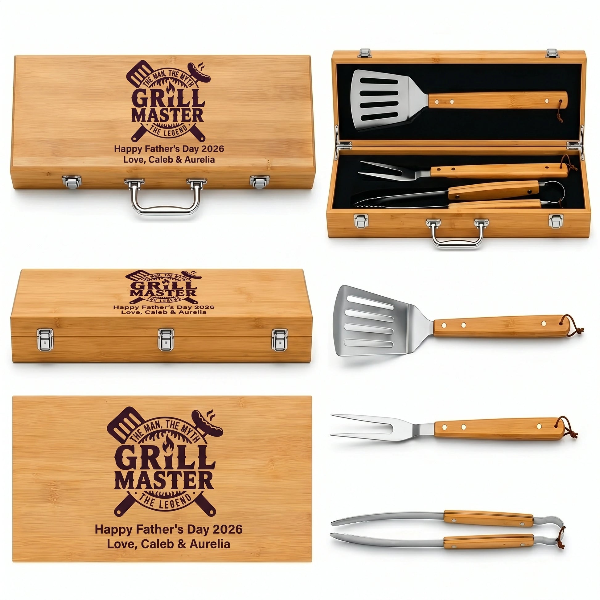 Barbecue tool set with wooden case engraved for 'Grill Master' on a white background