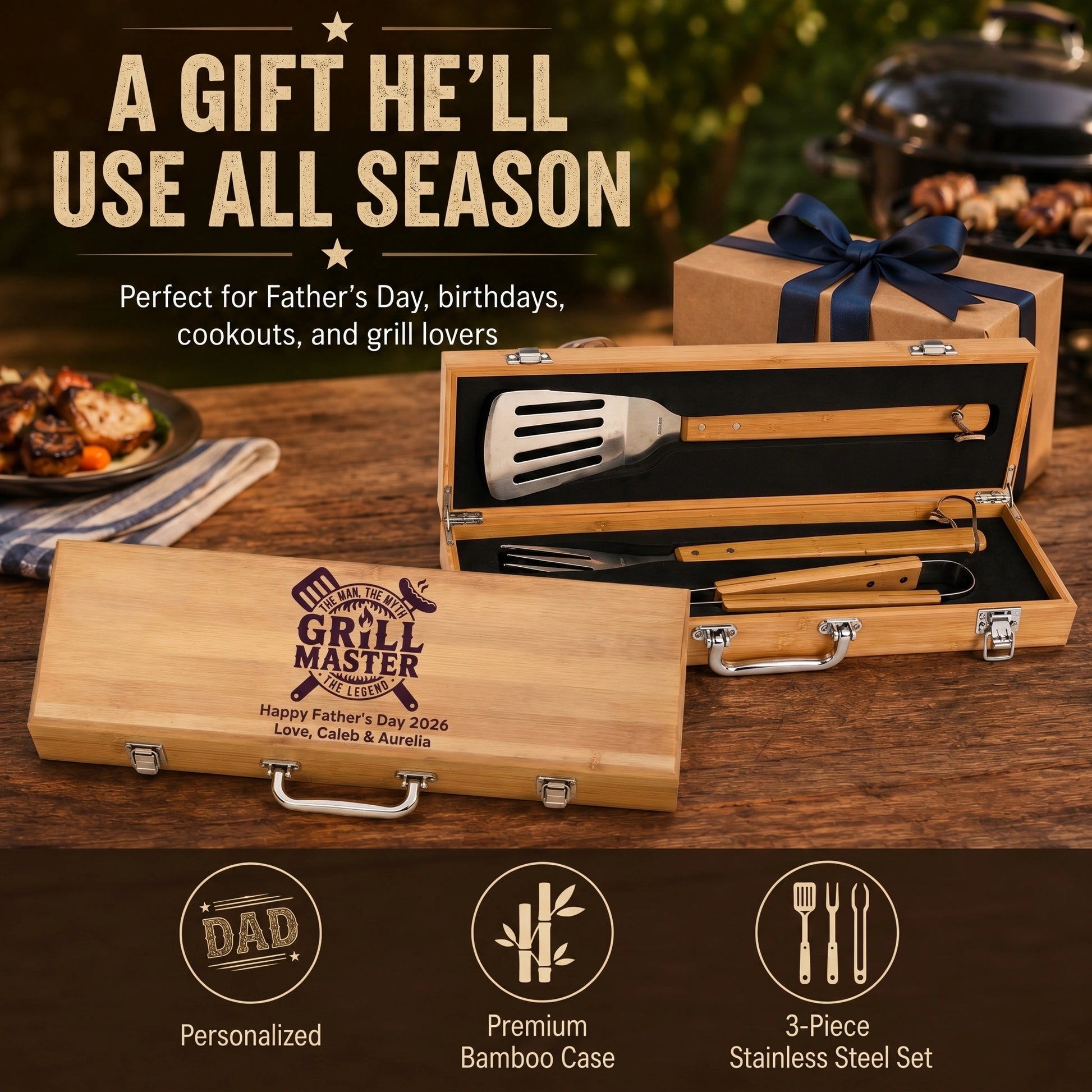 Personalized grill tool set in a wooden case with text about its uses and features.