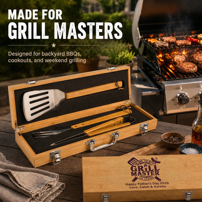 Grill tool set in a wooden case with a personalized message on a grill background.