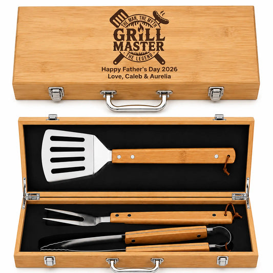 Grill tool set with wooden case engraved for Father's Day , featuring 'Grill Master' design.