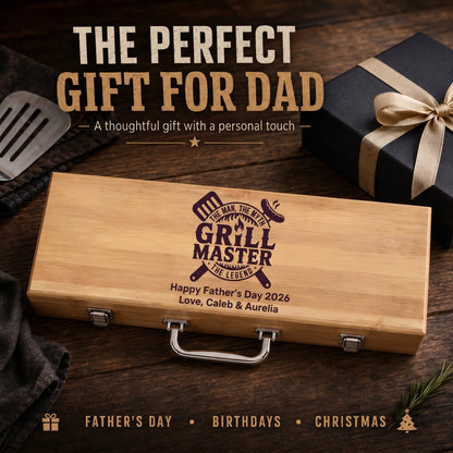 Wooden grill master gift set with personalized engraving on a wooden surface.