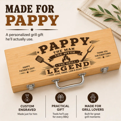 Wooden grill tool set with engraved message for 'Pappy' on a light background.