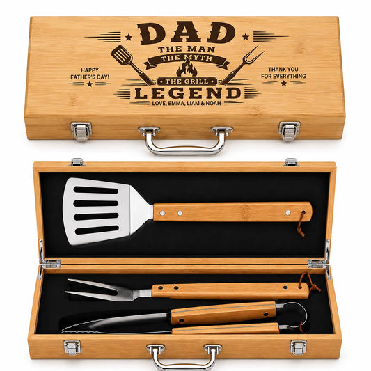 Barbecue tool set with wooden case engraved for Father's Day, featuring tools and a spatula.